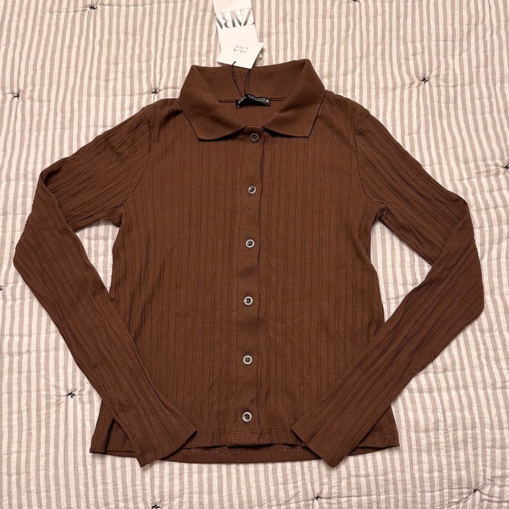 Zara Button Down Ribbed Long Sleeve